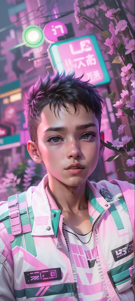 Cyberpunk neon toddler realistic face nature handsome boy