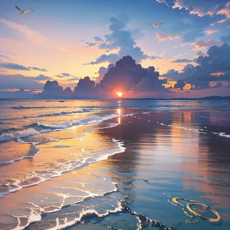 Absolutely mesmerizing sunset on the beach with a mix of oranges, pinks and yellows in the sky. The water is crystal clear, gently kissing the shore, and the white sand is endless. The scenes are action-packed and breathtaking, with seagulls soaring high i...