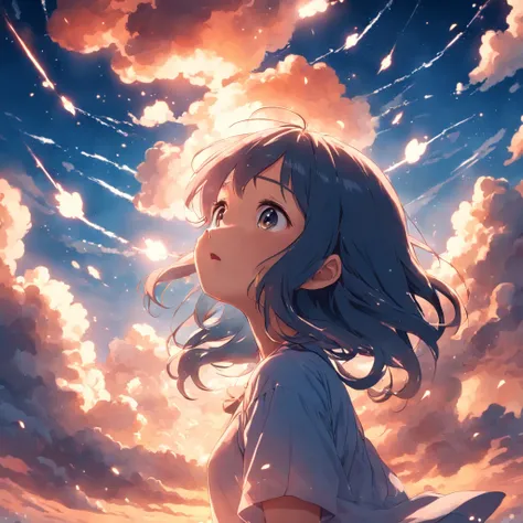 masterpiece, best quality, movie still, 1girl, cloud girl, floating in the sky, close-up, bright, happy, warm soft lighting, sunset, (sparks:0.7)