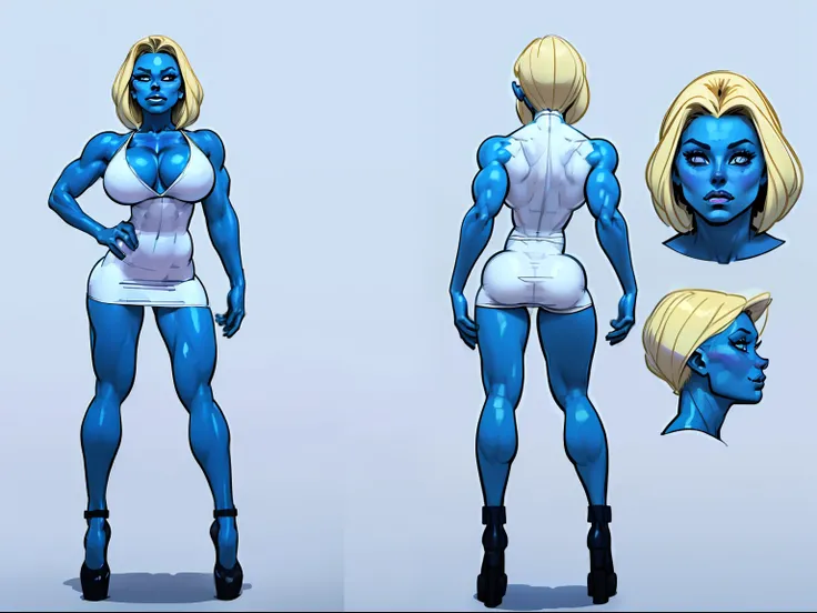 ((masterpiece)),(((best quality))),((character design sheet)), ((full body view)) illustration,1girl, muscular The Smurfs in background, ((blue skin:1.2)), Smurfette, light blonde hair, white dress ((detailed face:1.4)) blue woman, shiny skin, scribbles an...