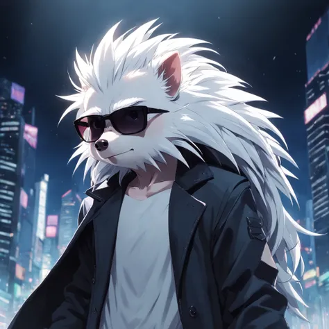 masterpiece, a white color hedgehog, Matrix style, black coat, sunglasses, cool pose, best quality, 4K,