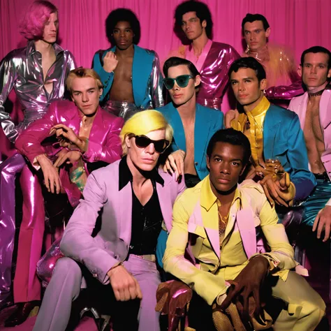 andy warhol photo a suit, studio 54, 3boys wearing jockstrap, cropped top shirt, gogo boys, lights, surrealism, drag queen, retro futurism