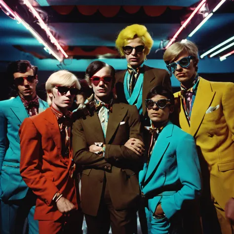 andy warhol photo a suit, studio 54, 3boys wearing jockstrap, cropped top shirt, gogo boys, lights, surrealism, drag queen, retro futurism