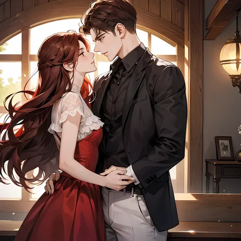 Couple, 1 girl 1 boy, different hair color, long red dark hair, short brown hair, romance