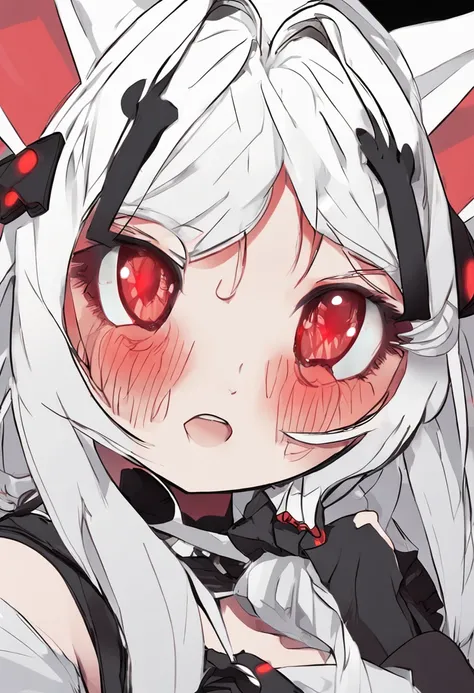 A boy with white hair, cat ears. Red eyes with round white glasses.