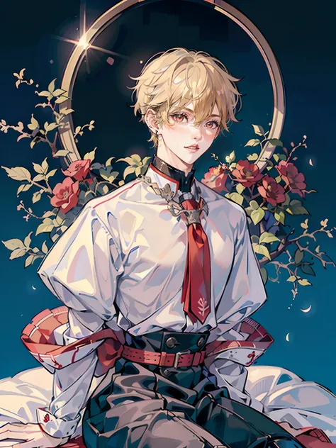 ((masutepiece: 1.4, Best Quality)), ((masutepiece, Best Quality,Delicate)), Very short blonde hair、Red Eyes,(１Man Youth:1.3), Delicate hair, real  face, (Big black high neck hides the mouth:1.3),piercings, Night background