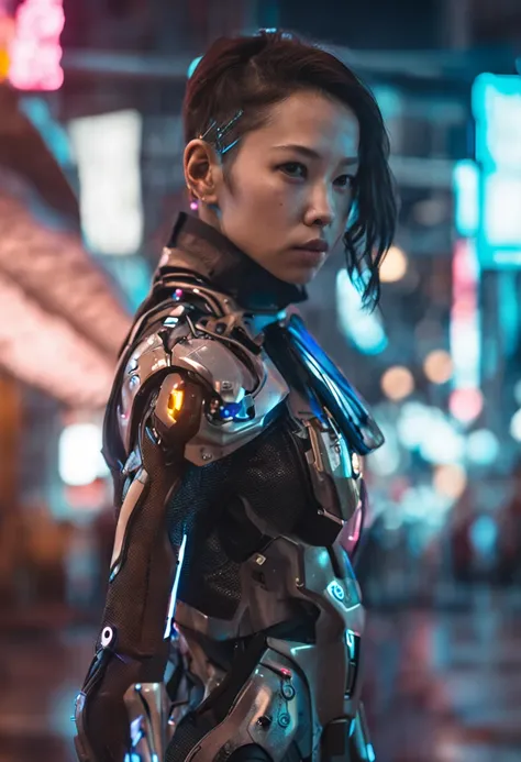 Film-graded film, dramatic scene, Photography, primitive, Masterpiece, ultra-wide-angle, Walk on a cyberpunk cityscape, ultra fine photos, (cyborg arm:1.3), Medium breast, Best quality, 超高分辨率, Photorealistic, volumettic light, stunningly beautiful, Half bo...