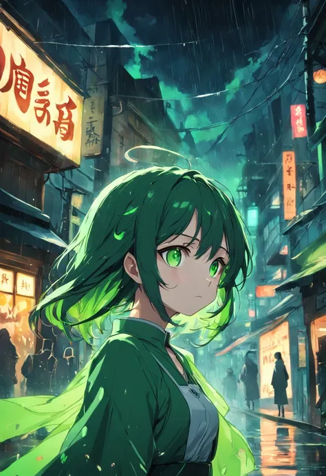 （ember）Humanity，green-eyed，Black hair，There was a little green light floating around，Cafe scene，rainy outside，The upper part of the body，green-eyed，The shirt