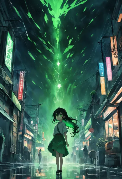 （ember）Humanity，green-eyed，Black hair，There was a little green light floating around，Cafe scene，rainy outside，The upper part of the body，green-eyed，The shirt