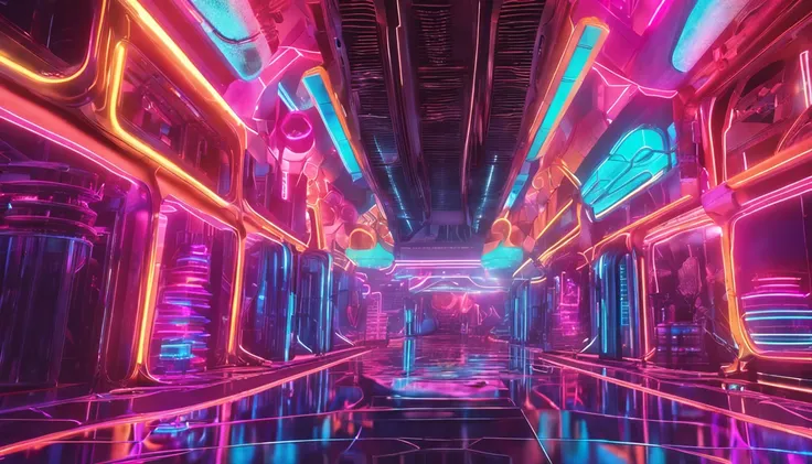 futuristic scene, many neon lights, futuristic robot in a distopic world, detailed, vibrant