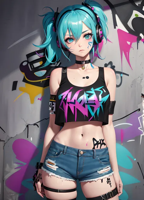 masterpiece, best quality, 1girl, solo, crop top, denim shorts, choker, (graffiti:1.5), paint splatter, arms behind back, against wall, looking at viewer, armband, thigh strap, paint on body, head tilt, bored, multicolored hair, aqua eyes, headset,