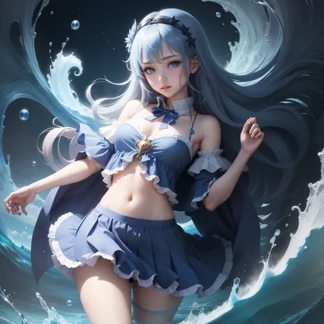 2D Beautiful Girl，Will magic，Open navel，water elemental，short  skirt。