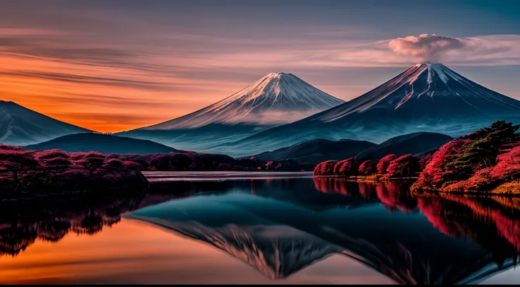 Original photo of Mt. Fuji, Exquisite and beautiful realistic photos, detail, Photorealistic, Ultra Realistic Photo, 8K  UHD, Digital SLR, The sun is shining, High quality, filmgrain, Fujifilm XT3, (Masterpiece), Majestic mountains. koyama, reflection on t...