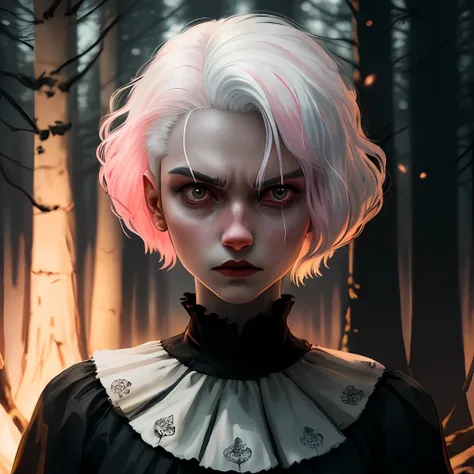 A super realistic and highly detailed depiction of a seventeen years old tall clown girl with soft pink and white hair, adorned in a sleek black attire, showcasing an intense and sinister expression, situated in the midst of a dimly lit forest.