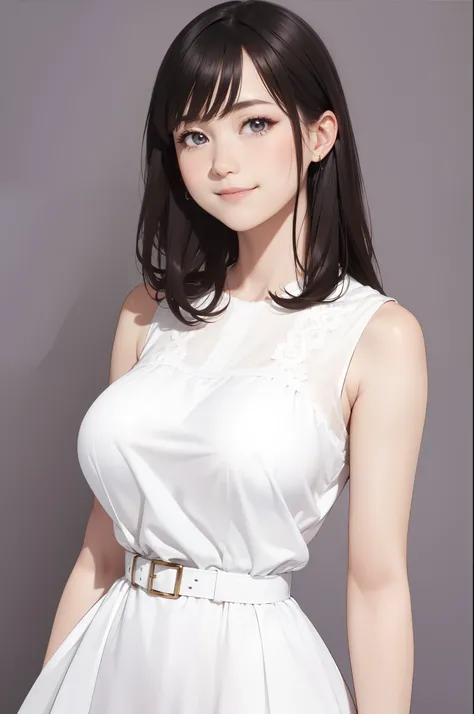 (absurderes), hight resolution, ultra-detailliert, Beautiful face, Big Breast, Huge breast, Wearing a white dress, (Sleeveless), Smile Face, Staring at me, Break a simple background, (Flat color), high waist belt