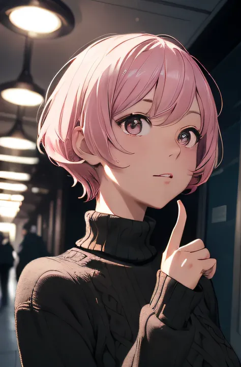 absurderes, hight resolution, ultra-detailliert, Stubborn lighting, Upward thumb hand gesture, Gesturing, brilliance, ​masterpiece, top-quality, 1girl in, Pink shorthair,Black sweater