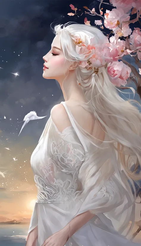 (best qualtiy，tmasterpiece), Beautiful teenage girl, Beautiful goddess, Sexy goddess, white crane, salama, The right hand, anatomy correct, A long flowing dress, Slender legs Silver hair, By bangs, Detailed scenes, the night, starrysky, cold light, (in pin...