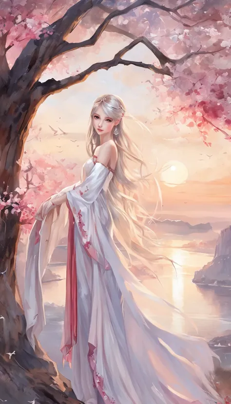 (best qualtiy，tmasterpiece), Beautiful teenage girl, Beautiful goddess, Sexy goddess, white crane, salama, The right hand, anatomy correct, A long flowing dress, Slender legs Silver hair, By bangs, Detailed scenes, the night, starrysky, cold light, (in pin...