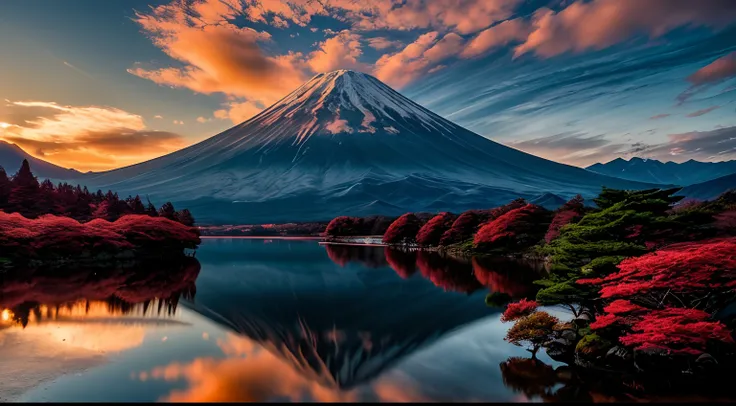 Original photo of Mt. Fuji, Exquisite and beautiful realistic photos, detail, Photorealistic, Ultra Realistic Photo, 8K  UHD, Digital SLR, The sun is shining, High quality, filmgrain, Fujifilm XT3, (Masterpiece), Majestic mountains. koyama, reflection on t...