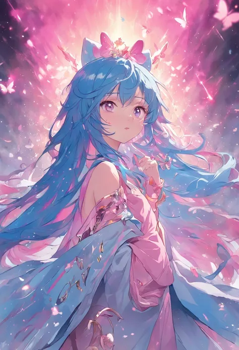 blue pink hair，The top of the hair is blue，The bottom is pink，long hair flowing，Big powder blue eyes，For thick coatings，At the back of the head there is a butterfly headdress as big as the head，Butterflies are blue-gold，Tang Wutong，Blue Tops，Purple-pink dr...