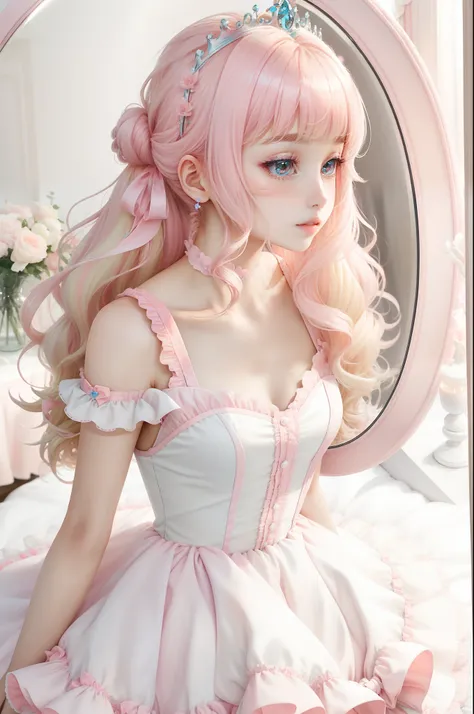 Princess　A Princess　Soft　Good style best quality(Highest Quality) , High quality(hiquality)　Soft hair　pink there　Fluffy dress blonde　Hair tied in two, The whole body is reflected, Very delicate tone and good atmosphere