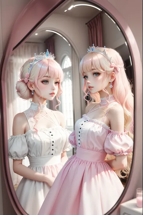 Princess　A Princess　Soft　Good style best quality(Highest Quality) , High quality(hiquality)　Soft hair　pink there　Fluffy dress blonde　Hair tied in two, The whole body is reflected, Very delicate tone and good atmosphere