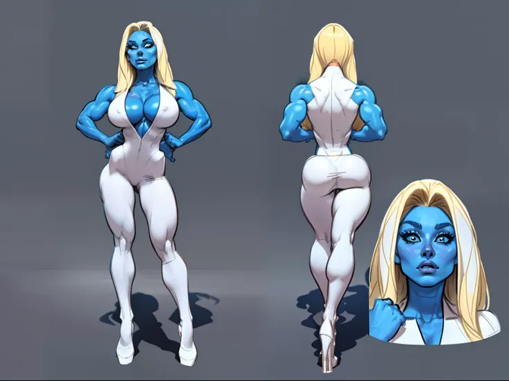 ((masterpiece)),(((best quality))),((character design sheet)), ((full body view)) illustration,1girl, muscular The Smurfs in background, ((blue skin:1.2)), Smurfette, light blonde hair, white dress ((detailed face:1.4)) blue woman, shiny skin, scribbles an...