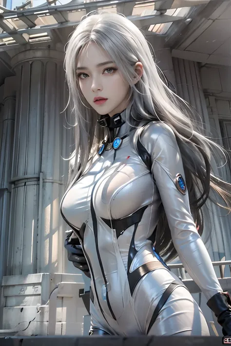 Photorealistic, High resolution, 1womanl, Solo, hips up high, look at viewr, (Detailed face), White hair, Long hair, Gantz, reika(body suit), Black Suit、Japan Beauty、Real Women、Tall slender beauty