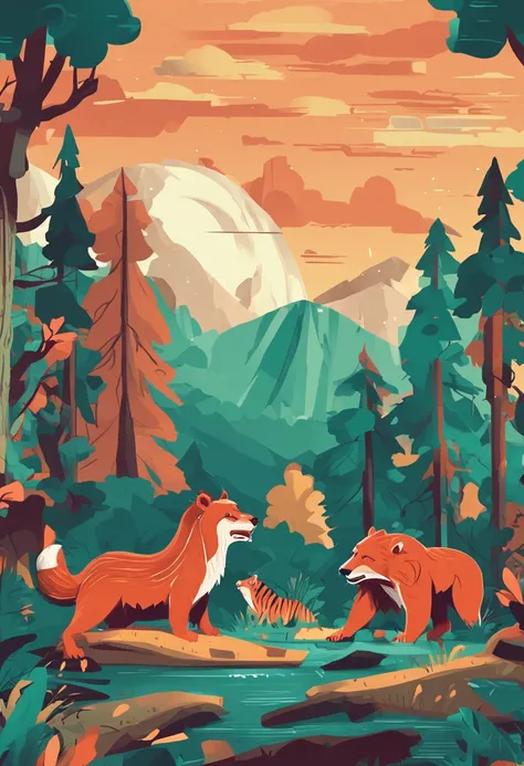 forest design, roars and growls icons, children illustration, snes painting