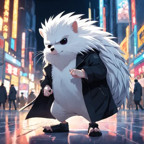 masterpiece, a white color hedgehog, Matrix style, black coat, sunglasses, cool pose, best quality, 4K,