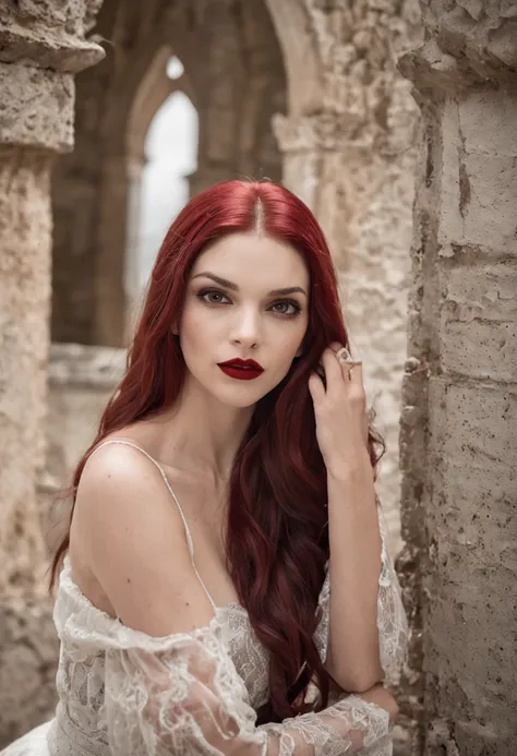 Uma delicada e bela imagem de uma vampira feminina na varanda de um castelo sob as estrelas, Acompanhe de perto, Dynamic angle super delicate face, and there is blood at the corners of the mouth，hiper-feminino, pele de cor cinza, red hair, (Um sorriso enca...