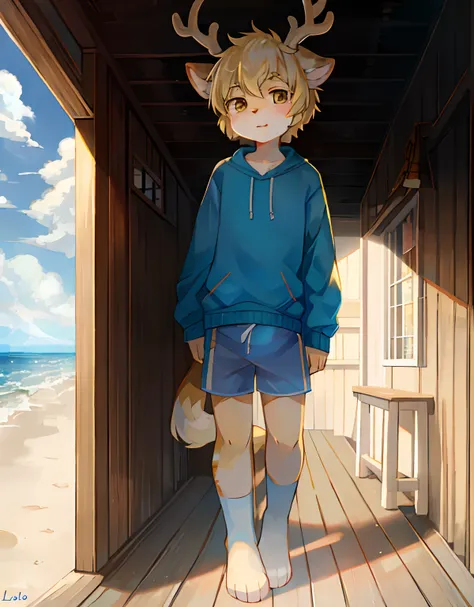 catss，adolable，adolable，8 years old，Young，deer antlers，standing on your feet，Beachfront cottages，hairy pubic，In the daytime，brightly，light-blonde hair，Libido boy，Light blue shorts，Sweatshirt，One tail，anthro male cat，Masterpiece