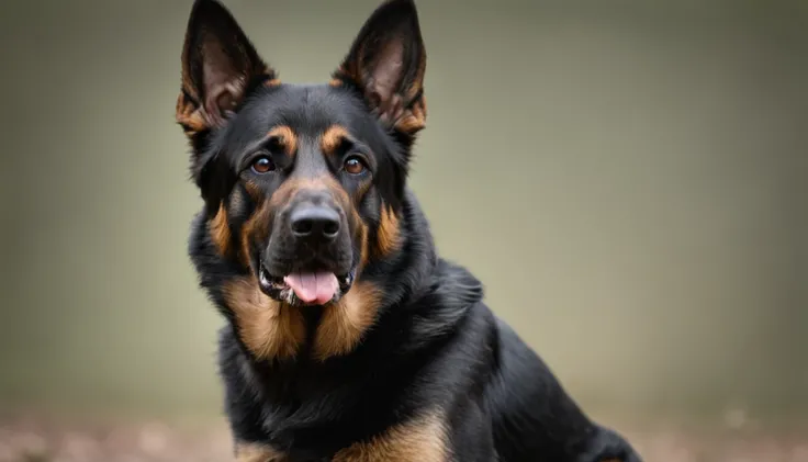 A black German shepherd and tan faces a forest looking menacingly, ultrarrealista, photographic, Very high resolution photo