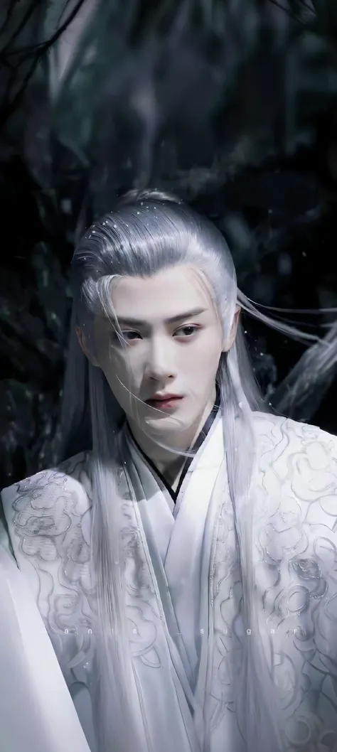 Close-up of a long-haired man dressed in white, Cai Xukun, Inspired by Zhang Han, Inspired by Seki Dosheng, with long white hair, long  white hair, drak, heise jinyao, cloud-like white hair, xianxia fantasy, Long, smooth white hair, inspired by Wu Daozi, w...