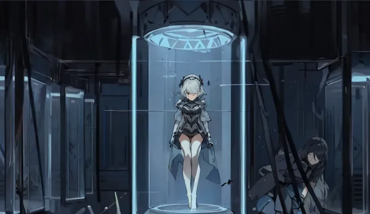 Anime scene of a woman in a glass case with a sword, queen in a glass prison, hologram hovering around her, keyframe illustration, keyframe, Anime keyframes, nier automata spaceship style, symetry!! concept-art, cushart, keyframe, Nier Automata concept Art...