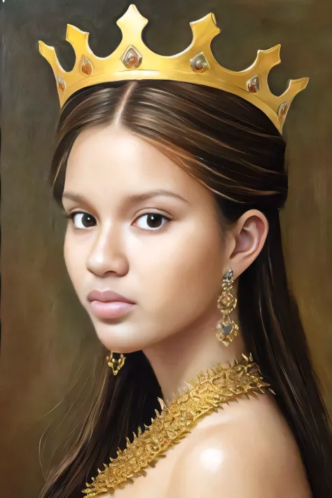 uma pintura de uma jovem usando uma coroa e um colar, retrato da princesa, Pintura do retrato de uma princesa, Retrato da princesa, Retrato de uma princesa, coroa!! oil painting, Retrato de uma jovem imperatriz, com uma coroa de ouro, Retrato de Zendaya, r...