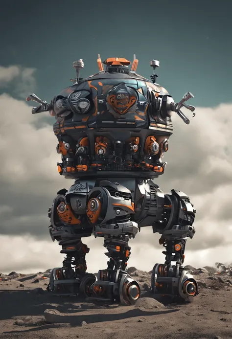 A huge robot with a mask similar to Jasons, it has a scorpion tail on its head, it has a metallic black and white color, it has tank wheels on its feet