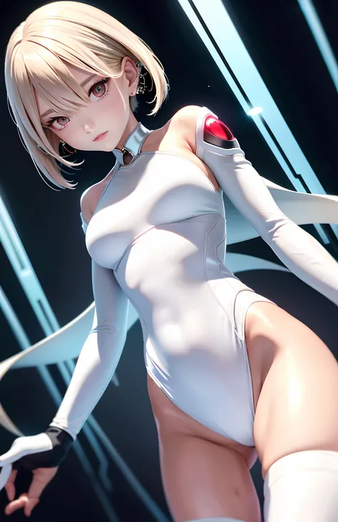 optimum，tmasterpiece，A high resolution，best qualtiy，hyper HD，super detailing，Award-Awarded，16k，独奏，（The upper part of the body），anatomy correct，Beautiful cyberpunk girl，cute  face，，Gradient Beige Hair，Hairline，（（Scarlet eyes）），long eyelasher，Hanging eye cor...