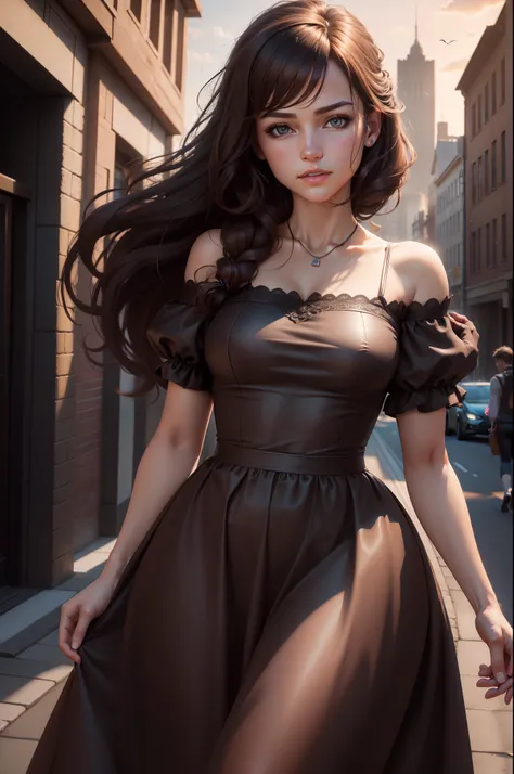 ((photorealistic lighting, Top  Quality, 8K, ​masterpiece: 1.3)), Clear Focus: 1.2, 1Girl, Perfect Figure: 1.4, Slim Abs: 1.1, ((Dark-brown hair)), colorful dress, (plein air, nighttime: 1.1), City streets, Ultra-fine face, Fair eyes, Double eyelidd, ponyt...