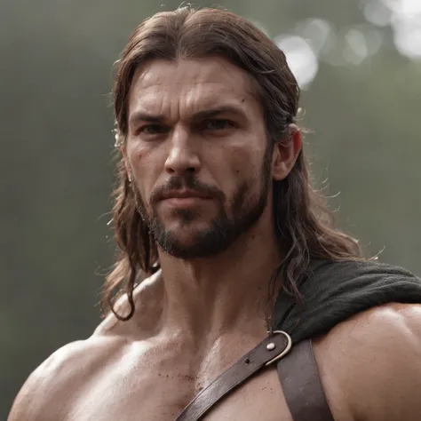 (Professional 3D rendering:1.3) de (Realistic:1.3) Foto de arte mais bonita do mundo，Features soft, bright male heroes, ((Epic hero fantasy rough muscular man wet hero angry look long hair short beard and fierce expression in dynamic pose, fantastic locati...