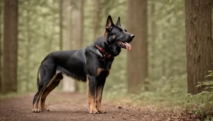 A black German shepherd and full-body tan stands in front of a forest looking menacingly, ultrarrealista, photographic, Very high resolution photo