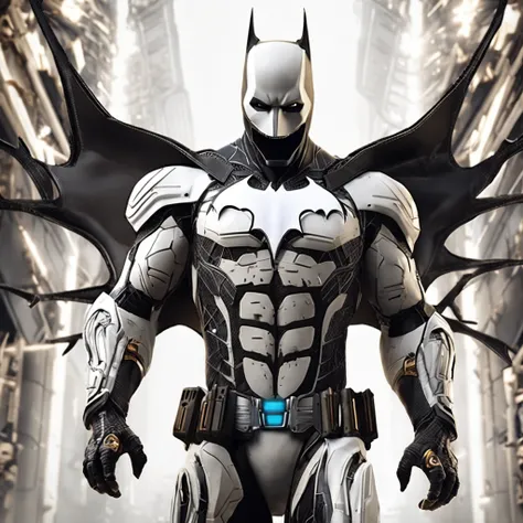 spectacular, Master parts, :The realistic White Batman focuses on the advanced cybernetic suit Orba Prima, high high quality ::n_Style drawing, Low-quality defects,