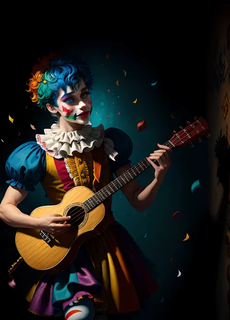 full shot body phot, illustration, bright light, fantasy, highest quality, ultra detailed, best quality, masterpiece, (detailed face), young man dress as jester clown , playing ukulele, clown outfit, confetti in the air, ribbons decorating background, mess...