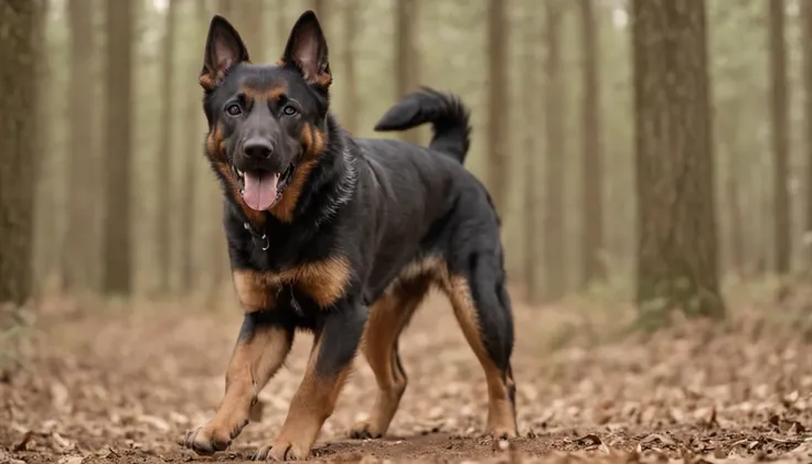 A black German shepherd and tan facing a forest, attack position, menacing stare, ultrarrealista, photographic, Very high resolution photo