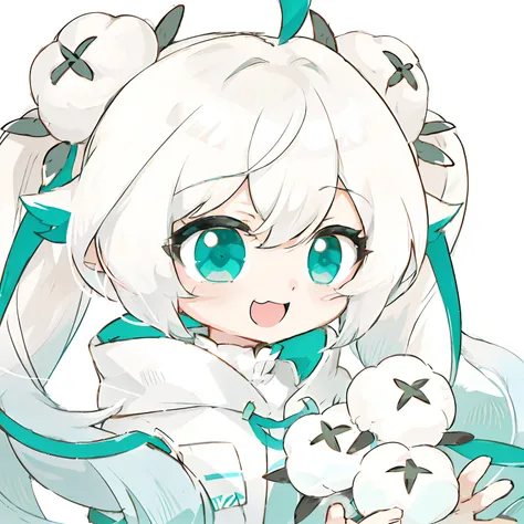 anime girl holding plush toy with white hair and green eyes, white cyan, mikudayo, shirabii, by puru, shikamimi, os amigos, anim...