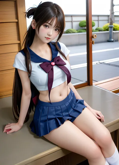 rialistic photo、top image quality、beautiful pictures、schoolgirl in sailor suit、a miniskirt、two women sitting on a shelf, two jap...