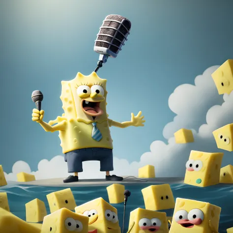 A SpongeBob SquarePants holds a microphone and sings loudly with its mouth open