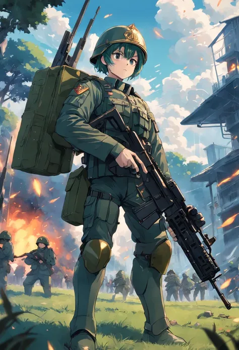 Tall soldiers，Wearing a military helmet，Wearing a military uniform，The rank is 3rd Classmate，Dark green hair，machine guns，Gatling，Ammunition is plentiful，Full fire，On the lawn，There is a rank on the helmet