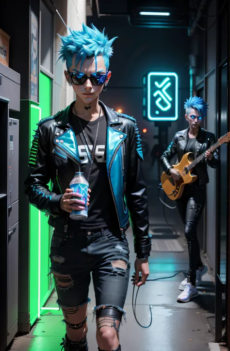 A ((neon)) blue alien punk with spiky hair and a leather jacket, holding a guitar in one hand and a ((glowing)) energy drink in the other, in the style of BlueAP, realistic,  isoMix_v211