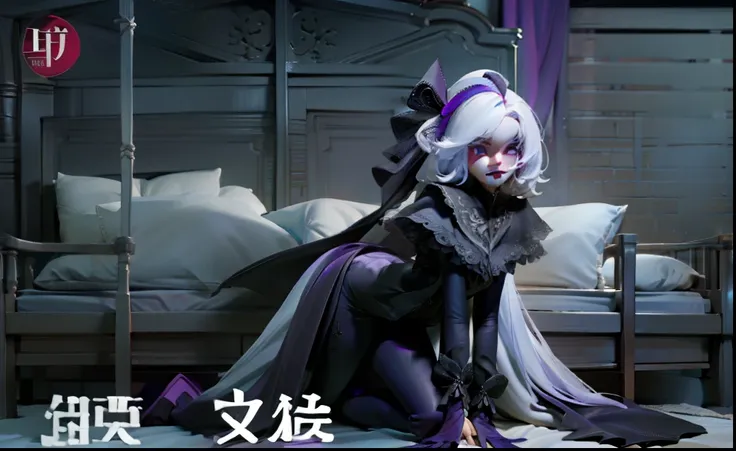 cabelos preto e longos，Long legs with black silk，Purple feminine eyes，white hair ribbon，Lie down in bed